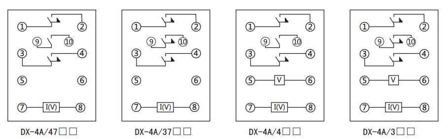 DX-4A信號(hào)繼電器內(nèi)部接線及外引接線圖 DX-4A信號(hào)繼電器內(nèi)部接線及外引接線圖