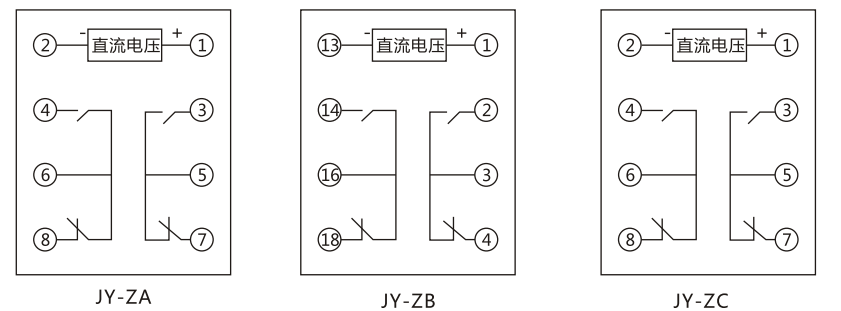 JY-ZC直流高低值電壓繼電器內(nèi)部接線及外引接線圖 JY-ZC直流高低值電壓繼電器內(nèi)部接線及外引接線圖