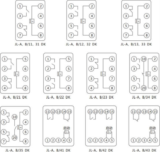 JL-A、B/11 DK無輔源電流繼電器內(nèi)部接線及外引端子圖（正視圖）